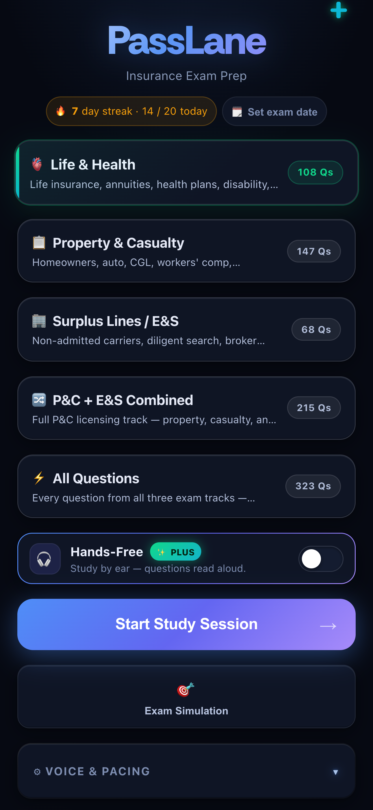 PassLane home screen with all exam tracks in one place.