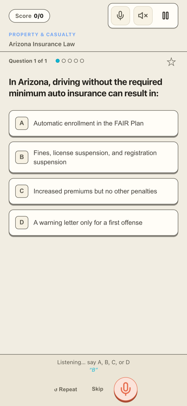 PassLane voice mode listening for a spoken answer — 'Listening… say A, B, C, or D.'