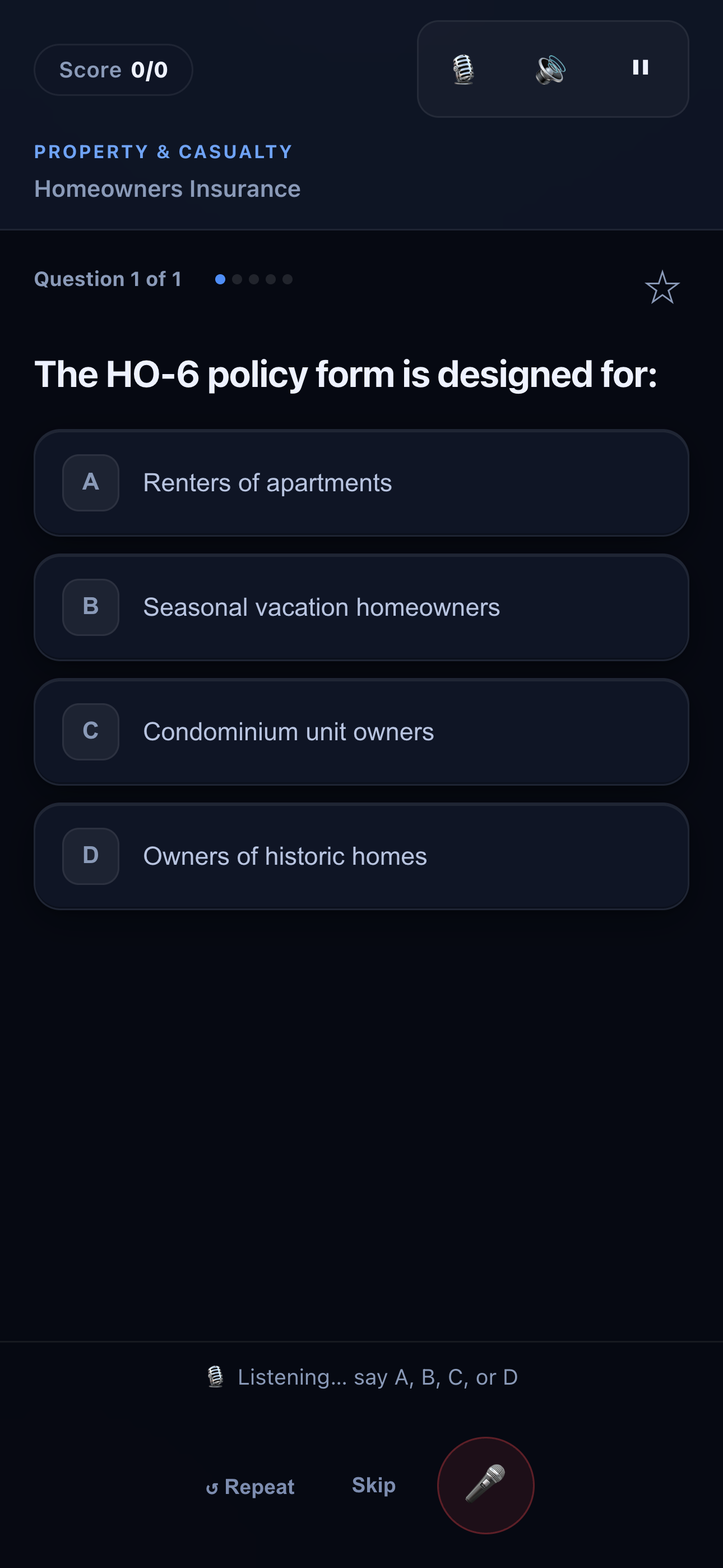 PassLane voice mode listening for a spoken answer — 'Listening… say A, B, C, or D.'